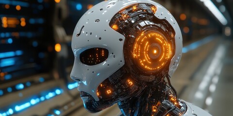 Fototapeta premium Robot with glowing head in a futuristic setting with bright lights and advanced technology background