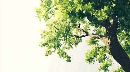 Lush green tree branches against bright sky.  Nature background for design