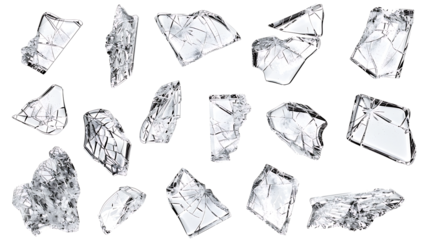 A set of cracked glass pieces scattered across the ground, with fine fractures, isolated on a white background.