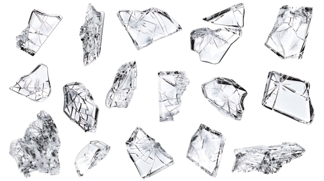 A set of cracked glass pieces scattered across the ground, with fine fractures, isolated on a white background.