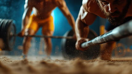 Intense Weightlifting Session in Gym. Close-up of two muscular men engaged in a weightlifting exercise in a dimly lit gym with dramatic lighting