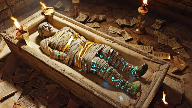 An ancient Egyptian mummy-style zombie with golden cracks, glowing glyphs, and sinister undead eyes