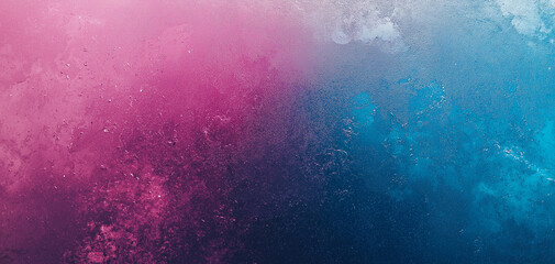 Fototapeta premium A pink and blue gradient background with a grainy texture, creating a minimalist and simple design. The top left features a smooth blend of soft pink and blue hues, while a dark gray gradient appears 