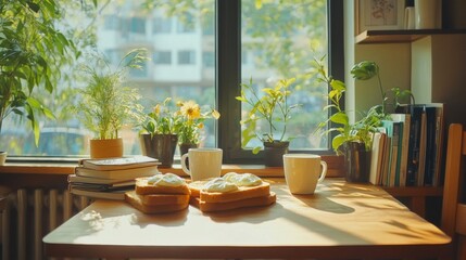 Fototapeta premium Sunlit Breakfast Table with Toast and Coffee