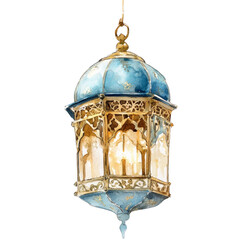 Obraz premium A watercolor painting depicts an elegant blue and gold hanging lantern with intricate detailing, suggestive of Middle Eastern or Islamic design.