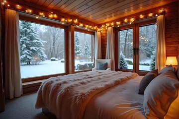 A winter-themed romantic bedroom with fur blankets, twinkling lights, and a snowy view from the window.