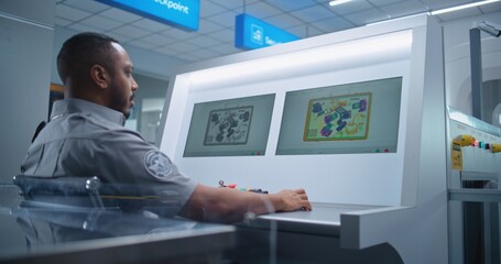 Airport Security Checkpoint: African American Security Officer Monitors Baggage Screening on Computer Screens Using Modern Software. Advanced X-ray Scanning Technology on Conveyor Belt. Dolly Shot.