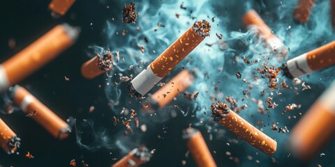 Smoking cessation shattered cigarettes falling, dark background.  Anti-smoking campaign