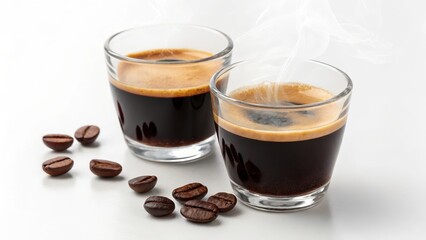 Two steaming cups of espresso with roasted coffee beans on a white surface