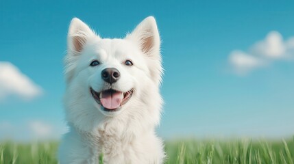 Fototapeta premium Pet AI brings technology and automation to animal care. Happy white dog in a green field under a bright blue sky.