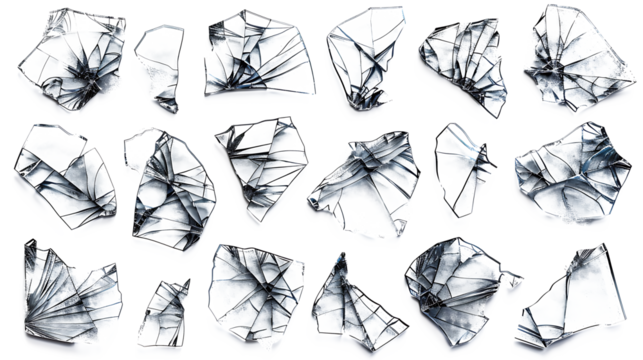 A set of cracked glass pieces scattered across the ground, with fine fractures, isolated on a white background.