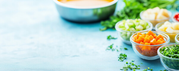 Chopped vegetables in glass bowls. Ingridients for soup on grey background. Food preparation flat lay. Homemade soup cooking concept. Image for recipe, menu and food blog.