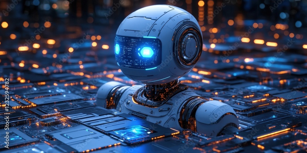 Poster robot figure positioned on a computer monitor with keyboard and mouse setup in office environment