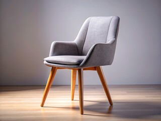 Modern gray chair, wooden legs, interior design, realistic image.