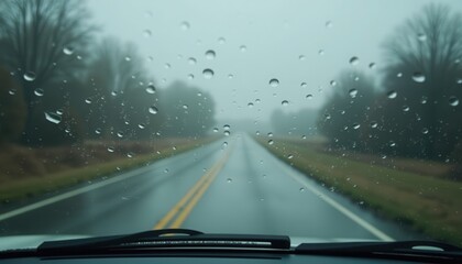 The image shows a rainy day view from inside a car, looking through a windshield with raindrops. The road ahead is wet and flanked by trees, creating a misty and atmospheric scene