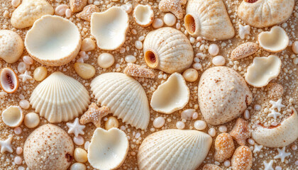 Obraz premium Peaceful Seashell Collection on Warm Beige Sandy Coastline with Copy Space