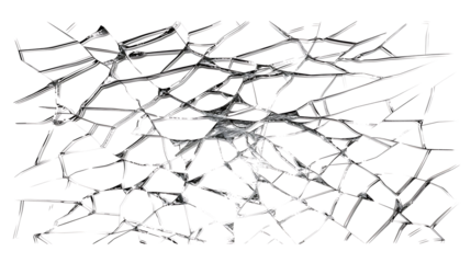  shattered glass with sharp, jagged edges and intricate cracks, isolated on a white background.