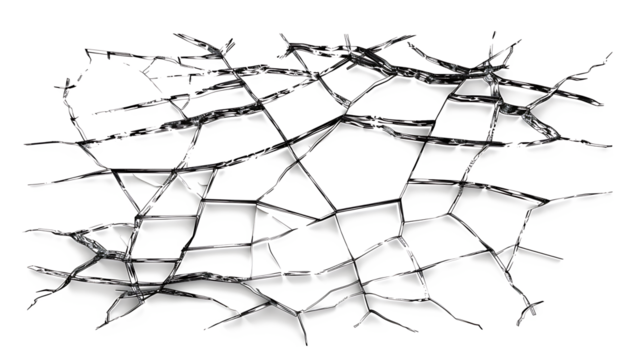  shattered glass with sharp, jagged edges and intricate cracks, isolated on a white background.