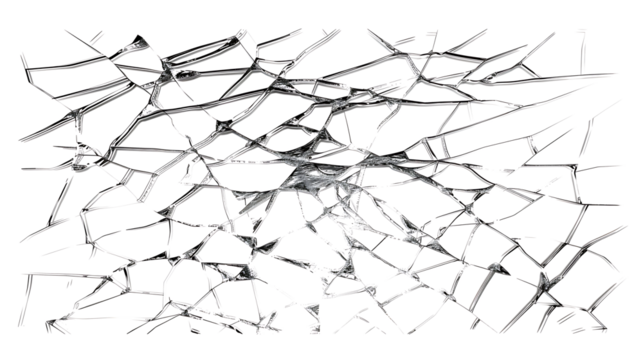  shattered glass with sharp, jagged edges and intricate cracks, isolated on a white background.