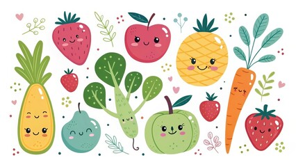Fototapeta premium A Delightful Collection of Cute Cartoon Fruits and Vegetables Featuring Happy Faces and Playful Designs