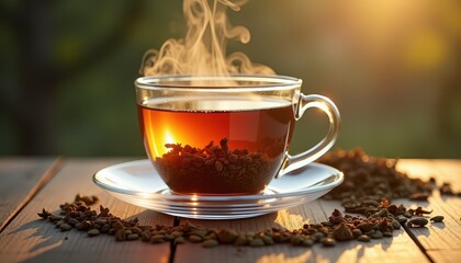 A steaming cup of tea sits on a wooden table by a window, with raindrops on the glass. The cozy atmosphere, warm light, and blurred background create a serene and peaceful rainy day scene