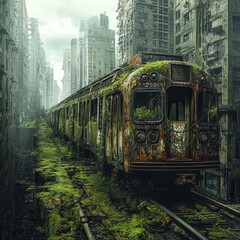 Naklejka premium An abandoned train surrounded by urban decay and vegetation.