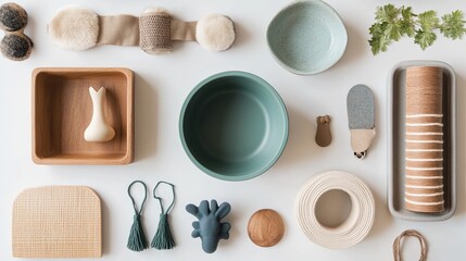 Obraz premium A flat lay of eco-friendly pet accessories, including bowls, collars, and toys. digital