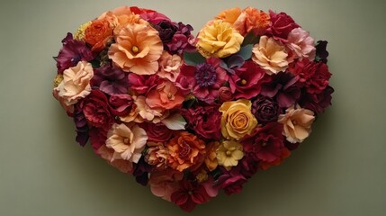 Heart shape created from colorful flowers arranged on a white background