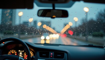 A view from inside a car looking out through a rain-covered windshield at a city street with blurred lights from street lamps and oncoming traffic. The scene captures the mood of a rainy day, emphasiz