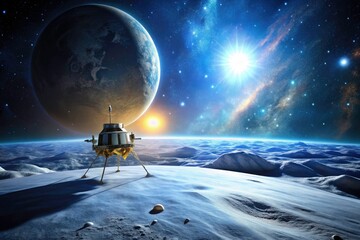 Obraz premium Solar system's icy jewel: planetary science unfolds as a probe navigates a bokeh-drenched moon.