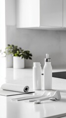 Fototapeta premium Clean kitchen countertop with minimalist storage bottles and cleaning supplies arranged neatly in bright natural light. Generative AI