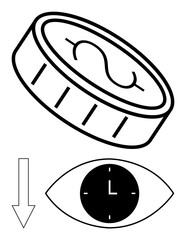 Coin design with dollar symbol, downward arrow, eye containing a clock. Ideal for finance, time management, decision-making, vision, economy, prioritization and abstract line flat metaphor