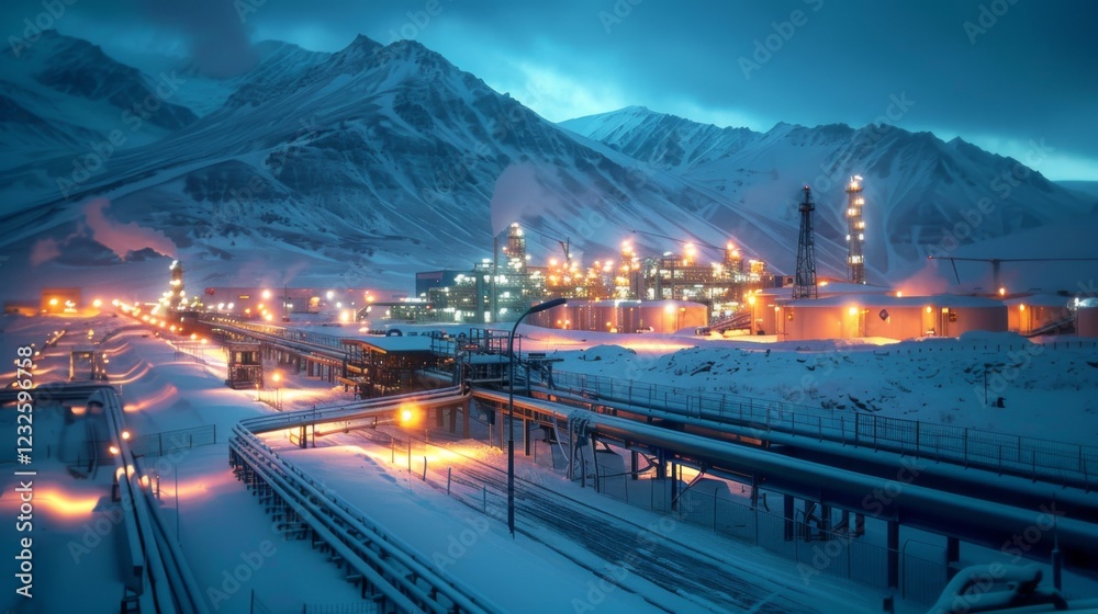 Poster bright lights illuminate an industrial complex in a snowy mountain range during dusk. pipelines run 