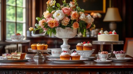 Elegant Afternoon Tea Party with Floral Centerpiece and Delicious Pastries