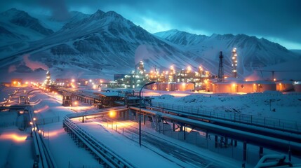 Bright lights illuminate an industrial complex in a snowy mountain range during dusk. Pipelines run through the landscape amid the cold, creating a striking contrast.