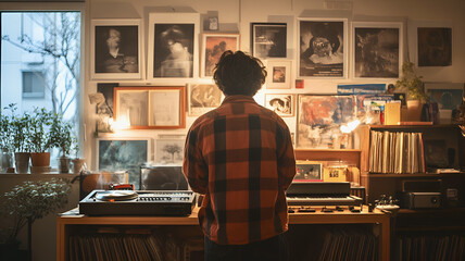 person stands in nostalgic bedroom surrounded by posters and vinyl records, creating warm and artistic atmosphere