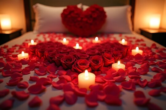A bed covered in rose petals, with a heart-shaped arrangement and soft, flickering candles.