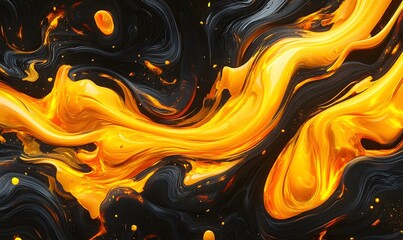 Orange liquid swirls in dark background, abstract art, digital design