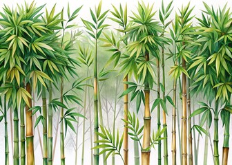 Panoramic bamboo, watercolor leaves, isolated on white.