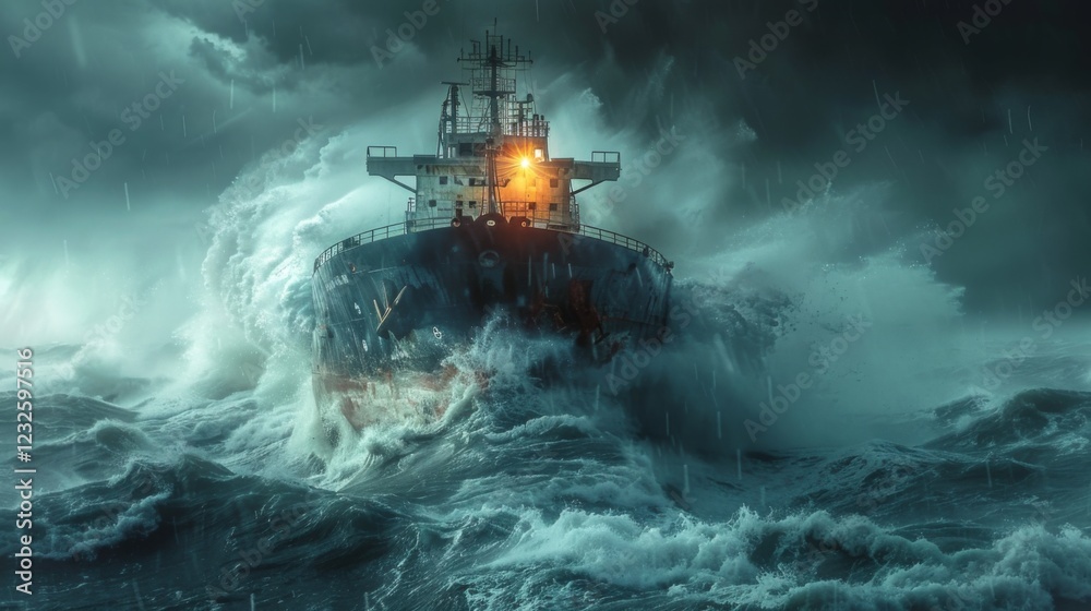 Aufkleber a large cargo ship struggles against massive waves in a stormy sea at night, illuminated by its stro