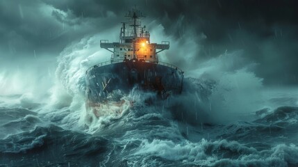 A large cargo ship struggles against massive waves in a stormy sea at night, illuminated by its strong lights. Dark clouds loom overhead, adding to the intense atmosphere of the scene.