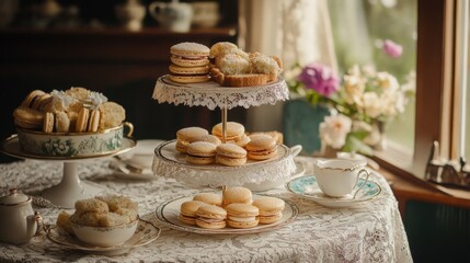 Naklejka premium Elegant Afternoon Tea Setting with Delicate Cakes and Pastries
