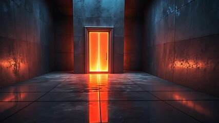 Dark Futuristic Room with a Glowing Red Door and Reflections on a Polished Metallic Floor

 - Powered by Adobe