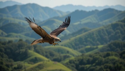 Naklejka premium A hawk soaring high above rolling green hills