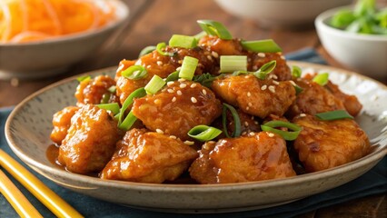 Savory Sesame Chicken Stir-fry with Garnished Green Onions