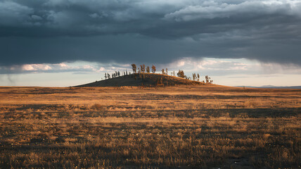 Fototapeta premium Vast prairie under dramatic skies, golden grass fields, solitary hill with ancient trees, and contrasting sunlight and storm clouds