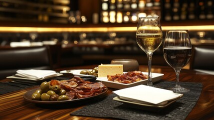Elegant Restaurant Setting with Wine and Appetizers