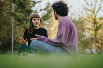A young couple sits on the grass, enjoying a lively conversation in a park filled with sunlight and...