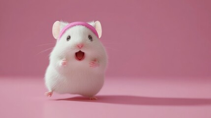 Cute mouse running, pink background, fitness