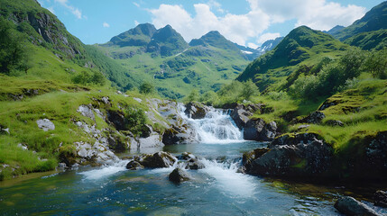 Mountain stream cascading through lush valley